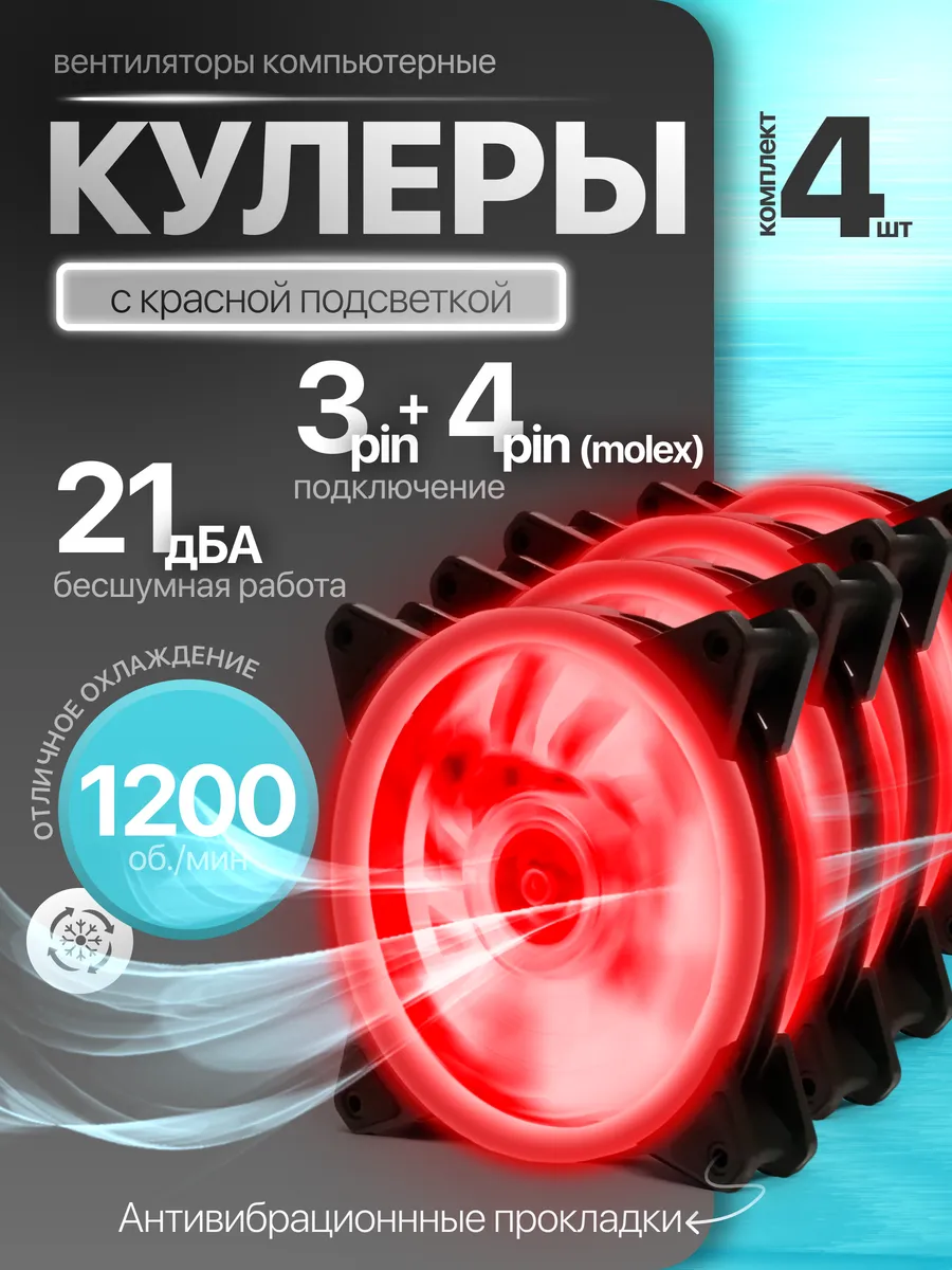 Кулеры 120мм LED для ПК красный 4шт