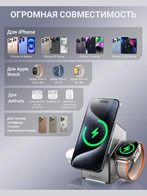 Zeehoo Беспроводная зарядка для телефона быстрая 3в1 для Apple, серый, фото 3