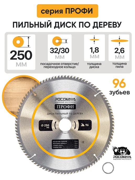РОСОМАХА Пильный диск по дереву 230 мм Профи (64Т 32 30 мм), 250 96Т