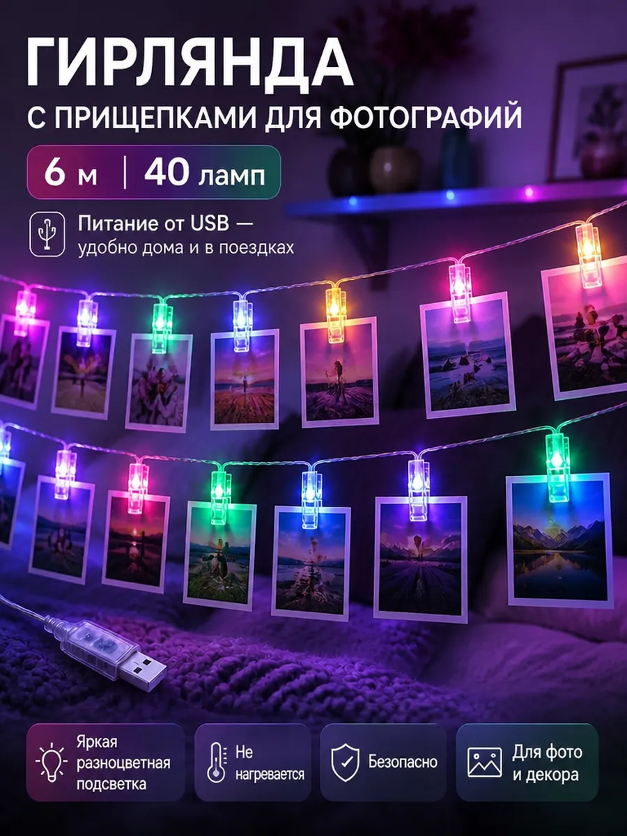 Светодиодная гирлянда с прищепками для фотографий