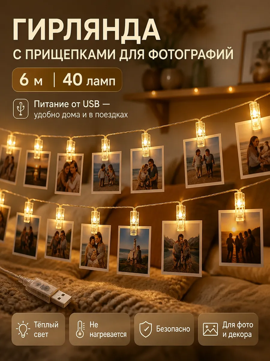 Светодиодная гирлянда с прищепками для фотографий