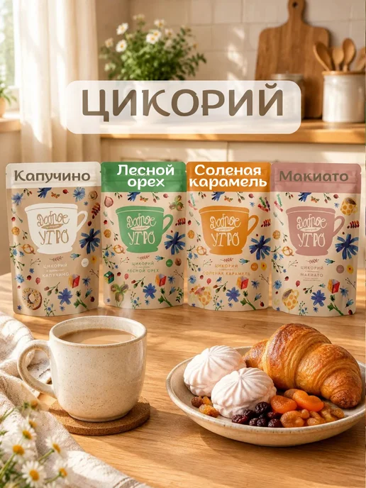 Доброе утро Цикорий вкус Макиато, Солён.Карамель, Лесной орех, Капучино, 4 шт