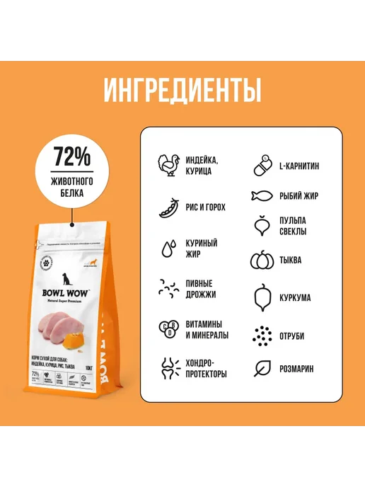 Сухой корм BOWL WOW Тыквой для собак, индейка, курица, 10 кг, фото 2