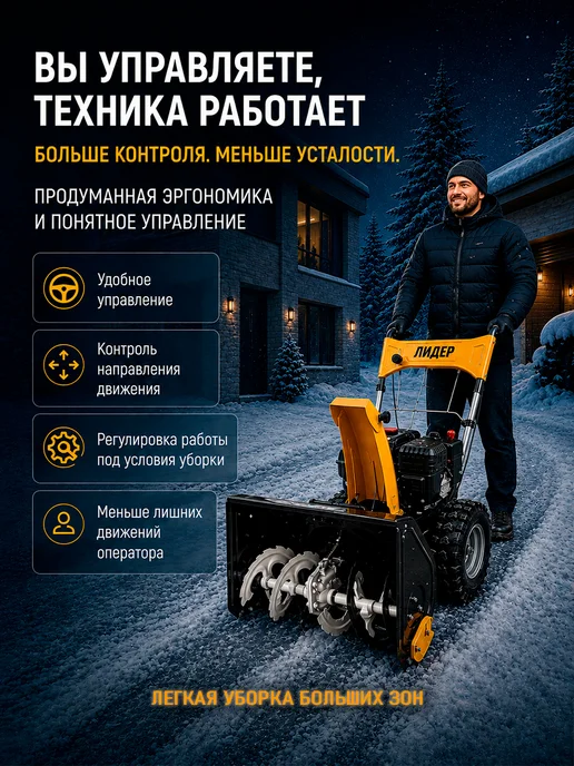 Лидер Снегоуборщик бензиновый самоходный колесный 7 л.с. 61 см, 7 л, фото 4