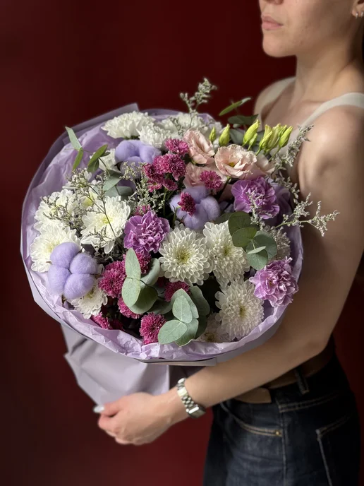 Бутон Букет из живых цветов с хлопком "Лунный", фиолетовый, фото 3