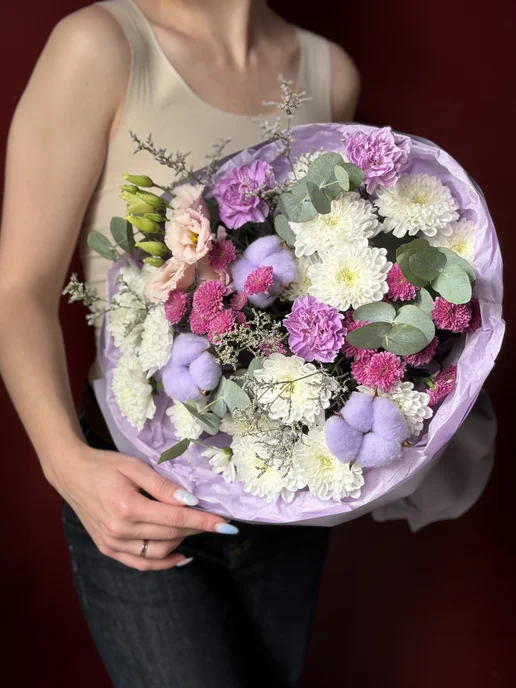 Бутон Букет из живых цветов с хлопком "Лунный", фиолетовый, фото 4
