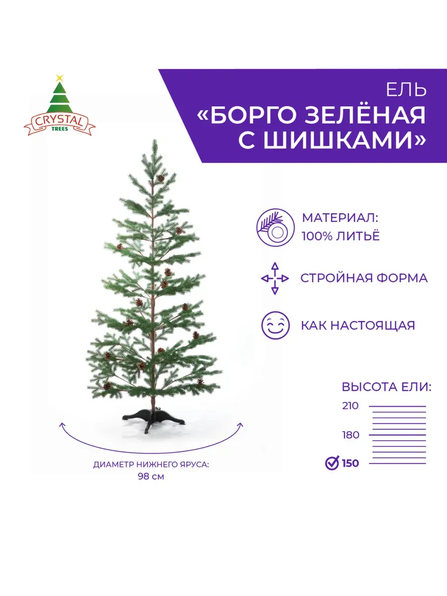 Елка искусственная Борго зеленая с шишками 150 см.