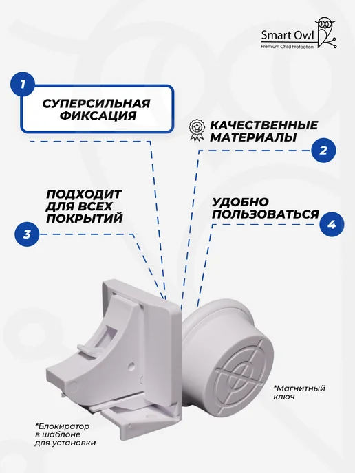 SmartOwl Блокиратор от детей на мебель, защита на шкаф и ящики, 6 шт, 4 шт, фото 4