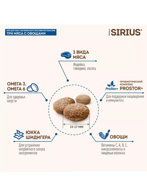 Сухой корм SIRIUS Три для собак, мясо, 2 кг, фото 4