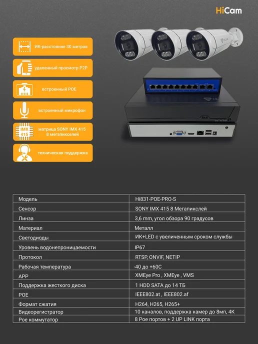 under_control Комплект видеонаблюдения уличный 8МП IP POE 3 камеры Sony, серый, фото 2