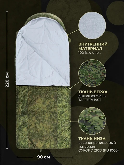 Helios Спальный мешок Батыр туристический спальник 300 гр м 220х90, 220x90, 300 г, фото 2