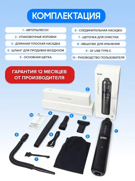 CaseGuru Пылесос беспроводной для машины ручной CGCleaner Car, черный, фото 8