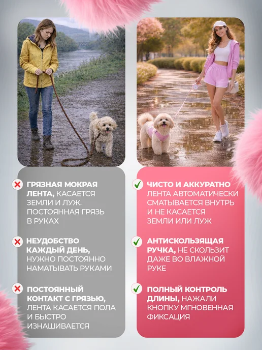 PopsMops Поводок для собак мелких и крупных до 50 кг рулетка, белый, фото 4