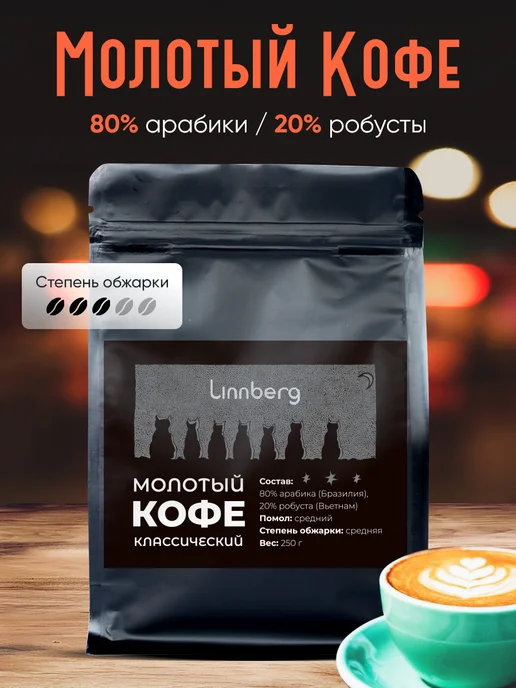 Linnberg Кофе молотый 250 гр для кофемашины, турки и кофеварки, 250 г