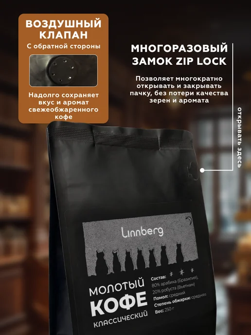 Linnberg Кофе молотый 250 гр для кофемашины, турки и кофеварки, 250 г, фото 5