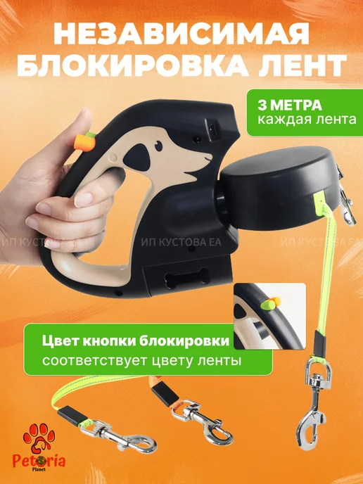 PetorialPlanet Поводок рулетка для двух собак, черный, фото 2