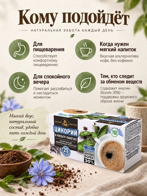 Русский цикорий Цикорий растворимый натуральный жареный 2 г 25 пакетиков, 2 г, фото 2