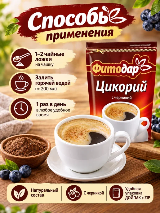 ФИТОДАР Цикорий растворимый с черникой порошковый 100 г, 100 г, фото 3