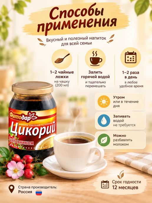 ФИТОДАР Цикорий растворимый с шиповником 200 г, набор 3 шт, 200 г, 3 шт, фото 3