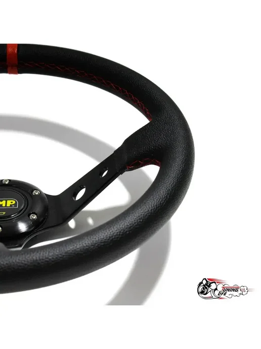 Tuning Life Руль спортивный OMP с выносом и красной полоской кожа, красный, фото 3
