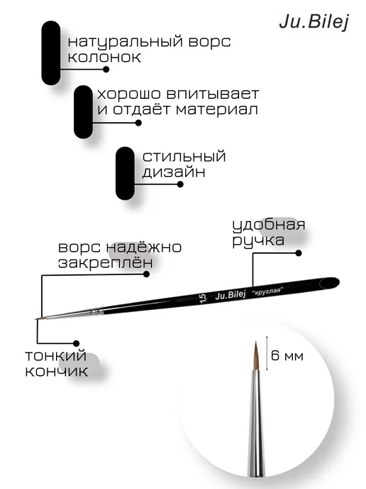 Ju.Bilej Кисть для тонких линий, колонок, круглая № kr1,5JB, черный, фото 2