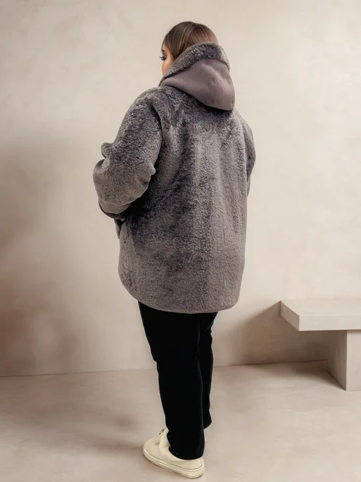 WOW WEAR Дубленка двусторонняя зимняя с капюшоном большие размеры, коричневый, фото 5
