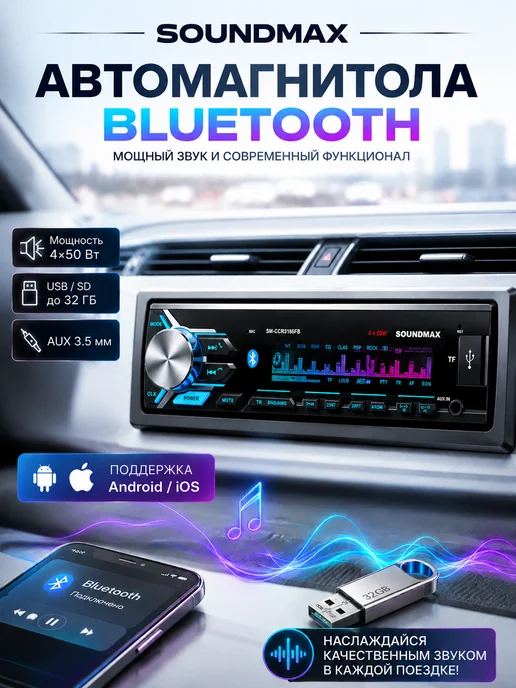 Soundmax Автомагнитола, магнитола в машину SM-CCR3186FB, 12В, вариант