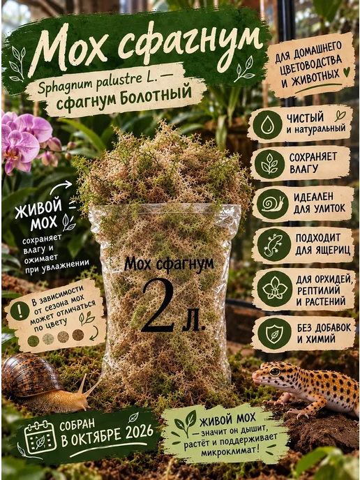 Мох сфагнум для растений, цветов и террариума 2л 1 шт. Живой, 2 л, 1 шт