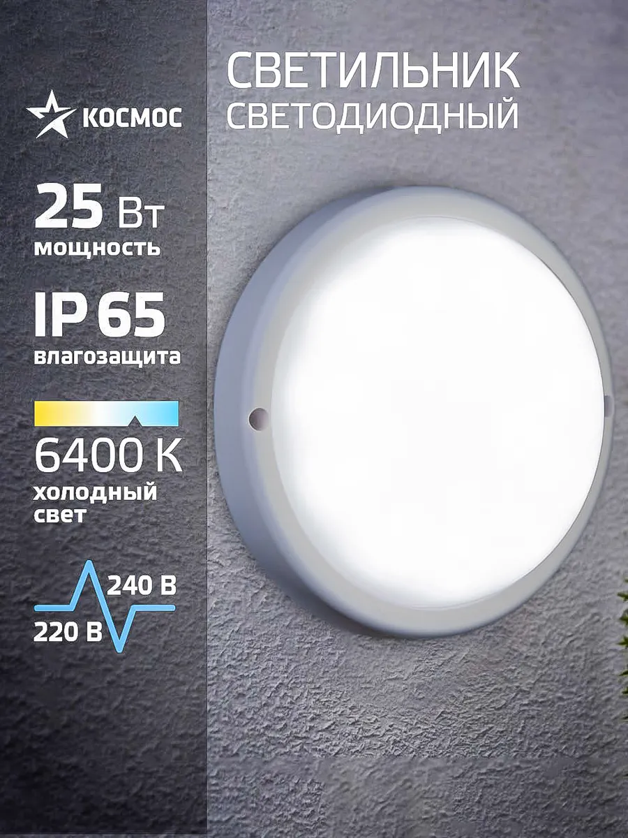 Светильник потолочный настенный 25Вт, 6400K, 230В