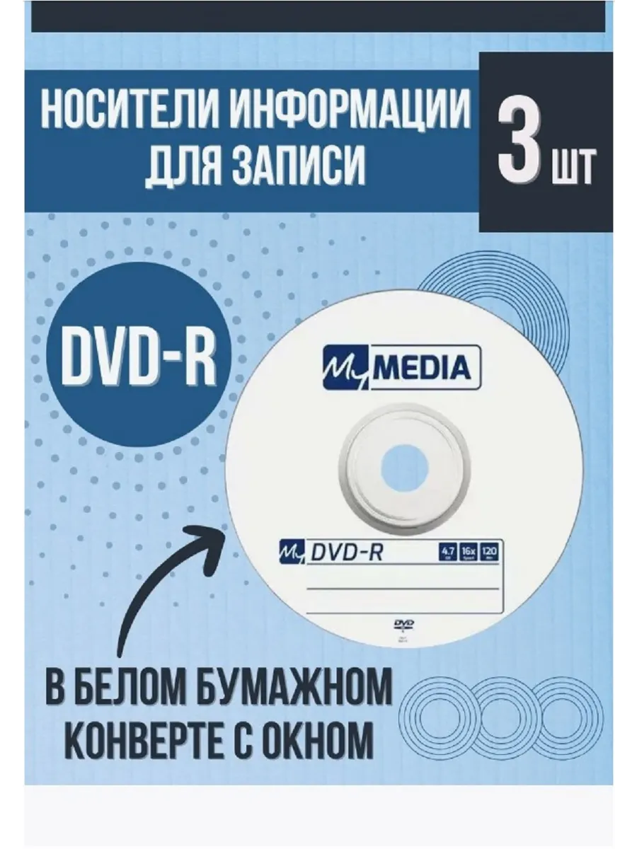 Диски DVD-R 4.7Gb 16x для записи 3 шт в конвертах