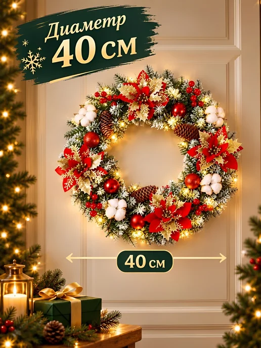 K-Stacy HOME Венок новогодний на дверь с подсветкой, зеленый, фото 4