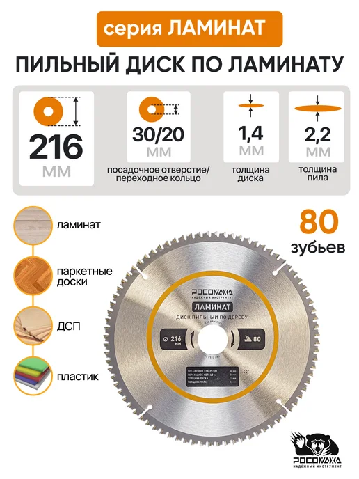 РОСОМАХА Пильный диск по ламинату 190 мм (60Т 30 20 мм), 216 80Т