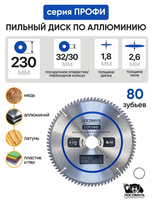 РОСОМАХА Пильный диск по алюминию 230 мм Профи (80Т 32 30 мм), 230