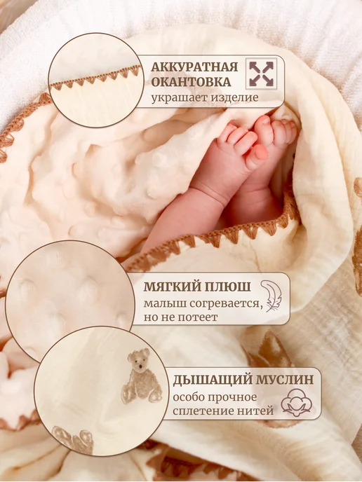 Warm hugs Плед для новорожденных муслиновый в коляску на выписку, бежевый, фото 2