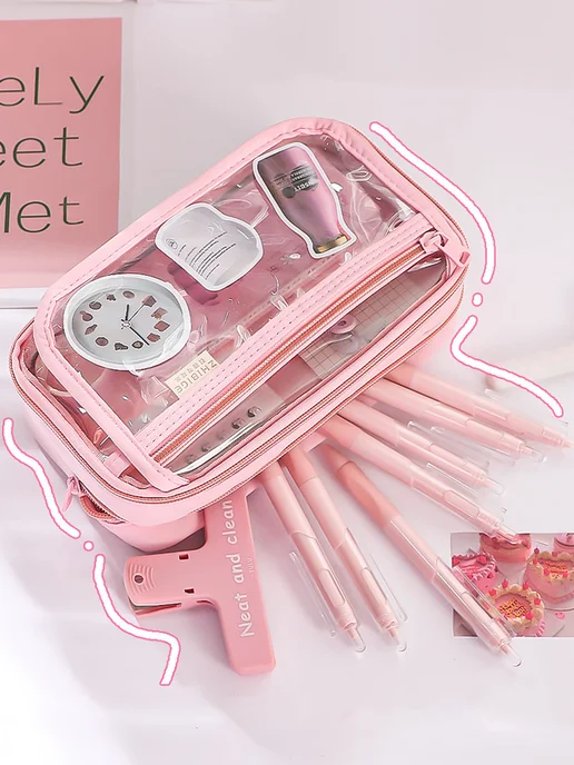 CuteCase Пенал школьный прозрачный эстетичный косметичка на молнии, белый, фото 2