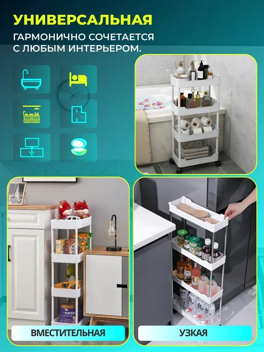BATYR HOME Этажерка для ванной пластиковая на колесиках, белый, фото 4