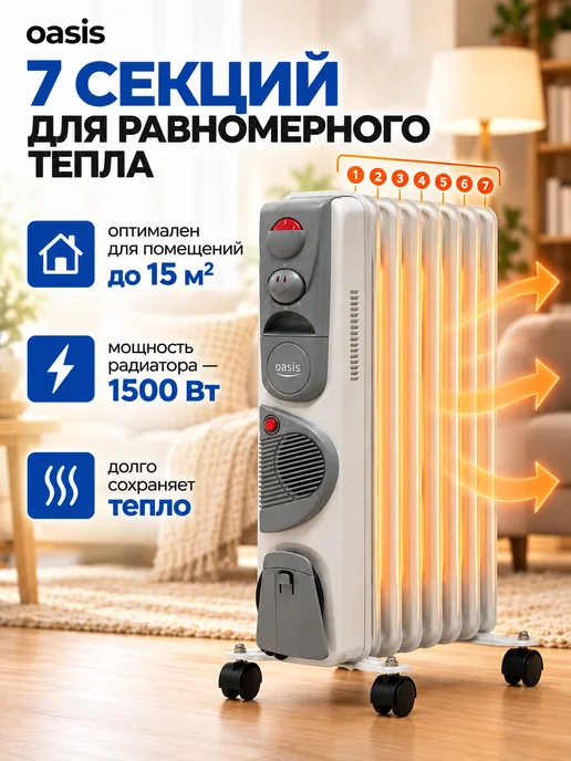 Oasis Обогреватель для дома масляный BB-15T 1500 Вт с вентилятором, 1500 Вт, фото 5