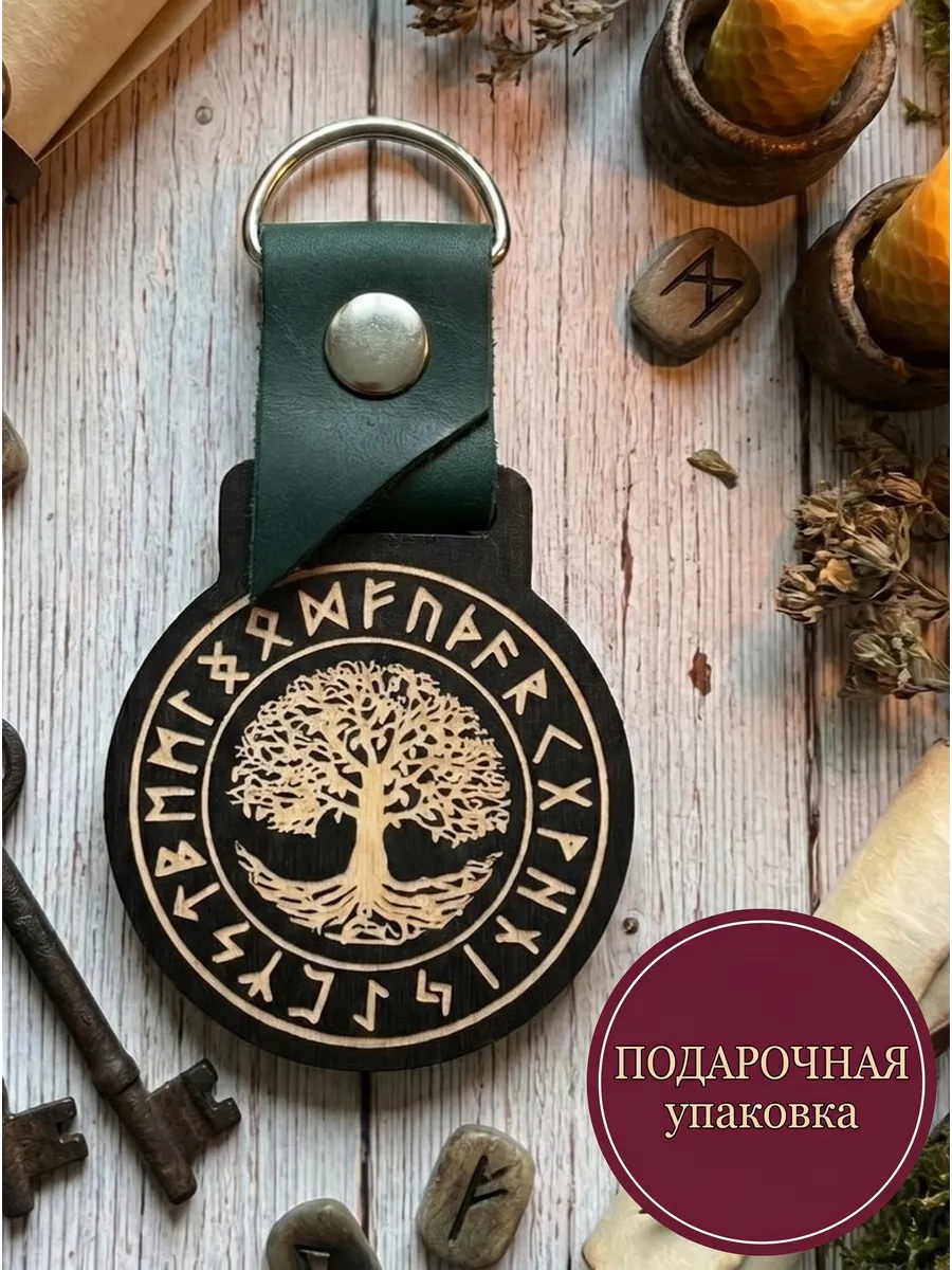 Брелок Иггдрасиль на ключи Оберег Футарк и Мировое дерево