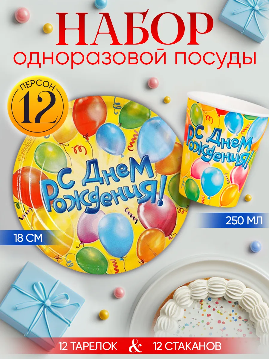 Одноразовая посуда с днем рождения набор на 12 персон