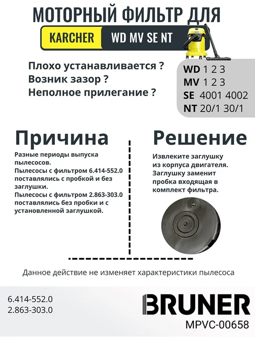 BRUNER Складчатый фильтр для пылесоса Karcher WD, MV, SE, NT, желтый, фото 4