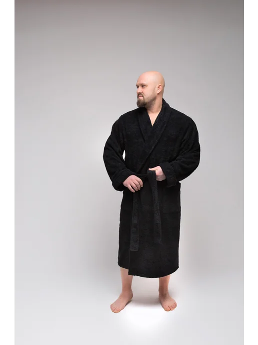 BIO-TEXTILES Халат махровый большого размера с капюшоном, черный, фото 3