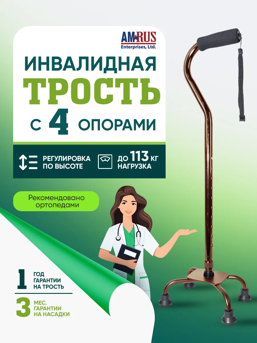 Трость телескопическая для пожилых четырехопорная, 4 опоры