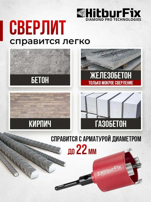 HITBUR Алмазная коронка по бетону 72 мм для подрозетников SDS+, вариант, фото 6
