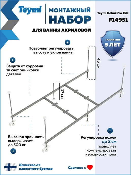 Teymi Ванна акриловая 150х70 с каркасом 2 в 1 Helmi Pro 150 F14951, 150x70, фото 3
