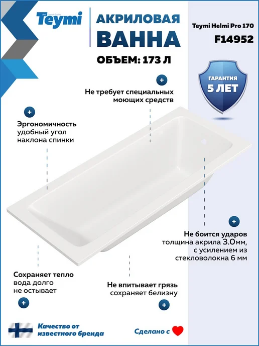 Teymi Ванна акриловая 170х70 с каркасом 2 в 1 Helmi Pro 170 F14952, вариант, фото 2