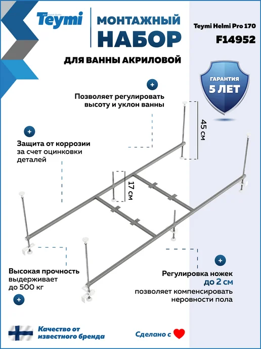 Teymi Ванна акриловая 170х70 с каркасом 2 в 1 Helmi Pro 170 F14952, вариант, фото 3