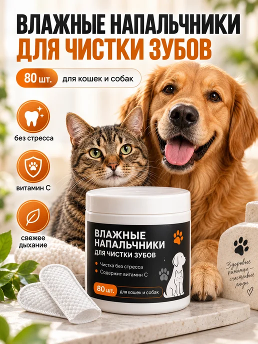PetLabs Влажные салфетки для животных для чистки зубов собак и кошек, 80 шт