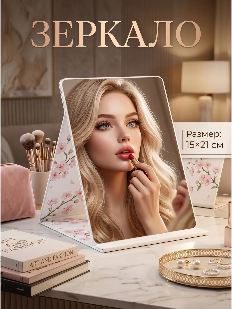 Зеркало косметическое складное, 15*21 см,Сакура