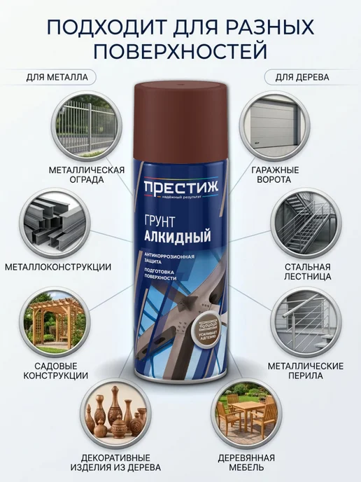 Престиж Аэрозоль грунт алкидный Белый 520 мл. Грунтовка в баллончике, 520 мл, краска, красно-коричневый, фото 2