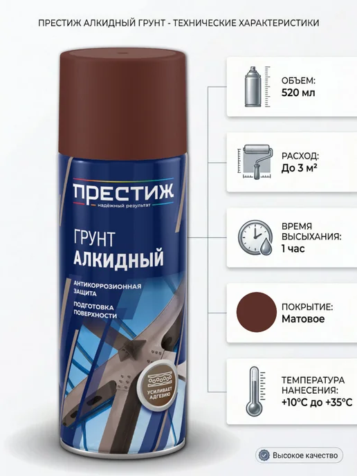 Престиж Аэрозоль грунт алкидный Белый 520 мл. Грунтовка в баллончике, 520 мл, краска, красно-коричневый, фото 3